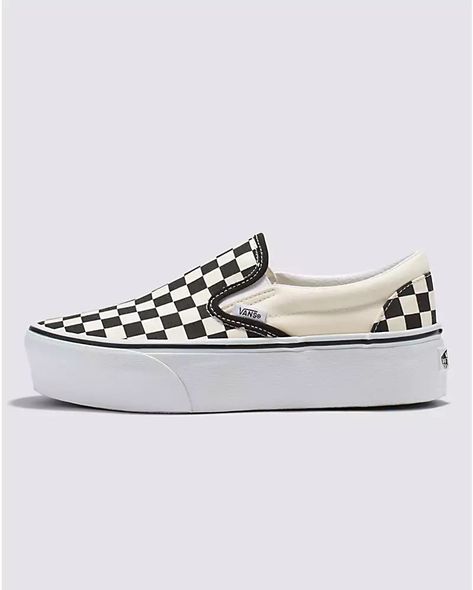 Classic Slip-On Stackform Shoe | Vans (US) Checkered Vans Platform, Womens Platform Vans, Vans Platform Sneakers Outfit, Platforms Aesthetic, Vans Platform, Pink Checkerboard, Platform Vans, Pretty Sneakers, Loafer Shoe