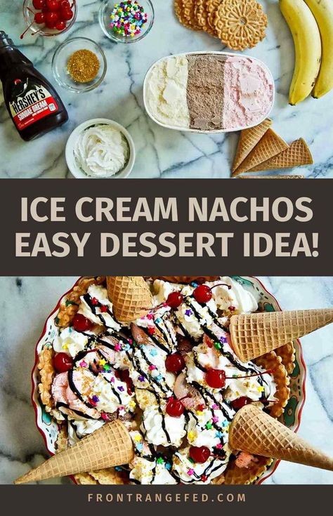 Want an easy Summer dessert recipe? Ice Cream Nachos are such a crowd pleaser! Waffle cone chips are topped with your choice of ice cream, chocolate syrup, cheries and sprinkles. This DIY showstopper is perfect for parties and kids the best easy dessert idea. Get this and other easy dessert recipes at https://www.frontrangefed.com/ Waffle Cone Chips, Best Easy Dessert, Dessert Nachos Recipe, Recipe Ice Cream, Easy Dessert Idea, Dessert Nachos, Easy Summer Dessert Recipes, Easy Nachos, Easy Summer Dessert