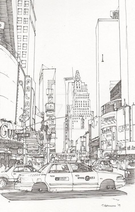 Times Square Drawing, City Landscape Drawing, New York City Drawing, New York Sketch, Drawing New York, Nyc Drawing, New York Drawing, Square Drawing, New York Times Square