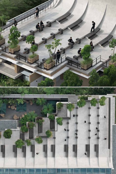 This Building With A Split Roof Makes Space For A Rooftop Park Roof Skylight, Skylight Design, Architecture Design Drawing, Garden Layout, Roof Design, Site Plan, Modern Buildings, Cafe Design, Architecture Firm