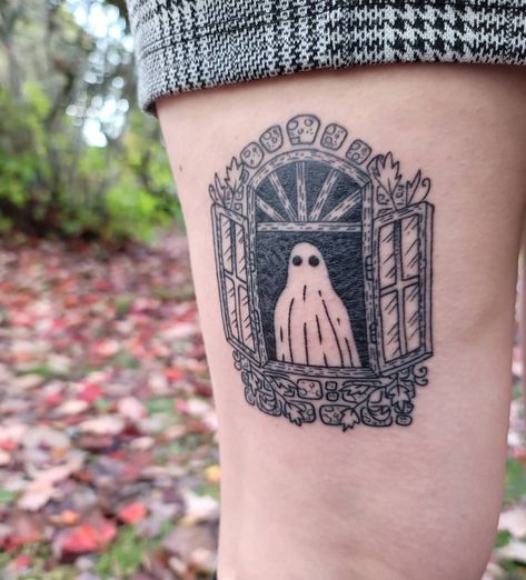 Haunted House Tattoo Small, Ghost Tattoos Flower, Ghost Polaroid Tattoo, Ghost Stamp Tattoo, Ghost In Window Tattoo, Ghost In Frame Tattoo, Hatbox Ghost Tattoo, Glass House Tattoo, Ghost Mirror Tattoo