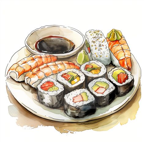 Explore the art of Japanese cuisine with our Sushi Watercolor Bundle, now available for instant download! This captivating collection includes 12 high-quality watercolor images, each one showcasing different, beautifully arranged sushi pieces. These digital illustrations are perfect for scrapbooking enthusiasts, journal decorators, and creative card and invitation makers looking to add a unique, culinary twist to their projects. Each image in the bundle captures the delicate textures and vibrant Asian Food Drawing, Watercolor Japanese Art, Sushi Watercolor, Sushi Illustration, Sushi Drawing, Maki Roll, Japanese Food Art, 귀여운 음식 그림, Sushi Art