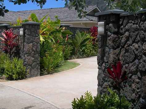 lava rock walls hawaii Hawaii Landscaping, Wall Landscape Design, Hawaii Backyard, Rock Wall Fencing, Rock Scape, Lava Rock Landscape, Hawaiian Landscaping, Rock Wall Landscape, Wall Gate