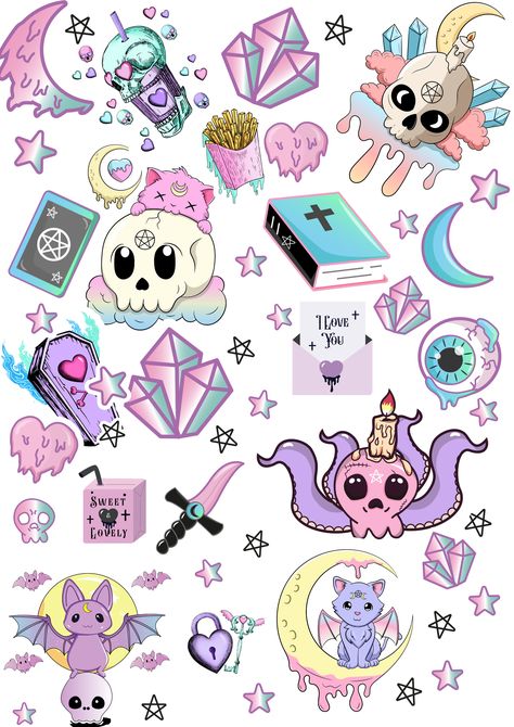 These stickers bring together the best of both worlds - the sweetness of pastel colors and the edginess of gothic elements. High qulity and quirky, they're the perfect way to enhance your laptop, water bottle, or planner. With the ability to print at home or at your local print shop, these stickers give you the freedom to personalize your things at your leisure. Get your set today and unleash the power of kawaii pastel goth! 👻 Pastel Goth Clipart, Pretty Goth Aesthetic, Cute Gothic Drawings, Pastel Goth Aesthetic Art, Creepy Kawaii Aesthetic, Pastel Goth Drawing, Cute Goth Art, Pastel Gothic Aesthetic, Pastel Witch Aesthetic