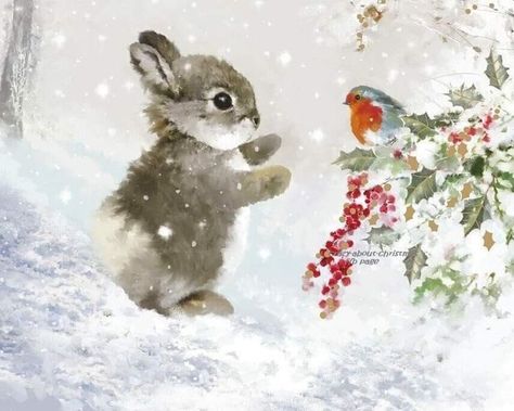 Snow Bunny Painting, Christmas Animals Drawing, Winter Animal Art, Drawing Winter, Animal Paintings Acrylic, Christmas Landscape, Storybook Art, Christmas Artwork, Christmas Card Art