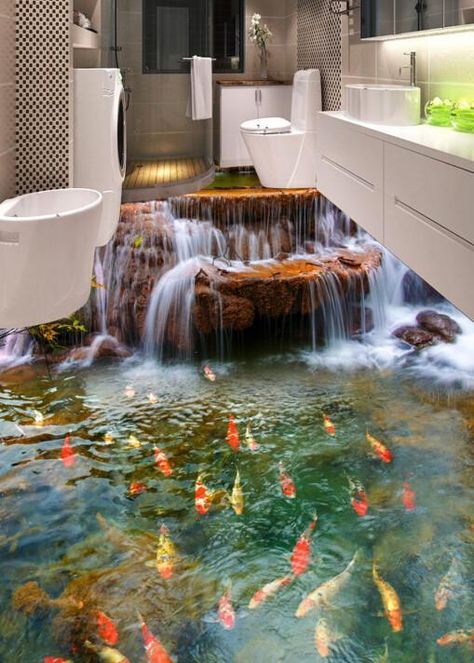 3D Waterfall Fish Pond Floor Mural | AJ Wallpaper 3d Floor Art, Stone Floor Bathroom, 3d Floor Painting, Epoxy Floor 3d, 3d Flooring, Wall Stickers Wallpaper, Floor Murals, Floor Wallpaper, Stone Bathroom