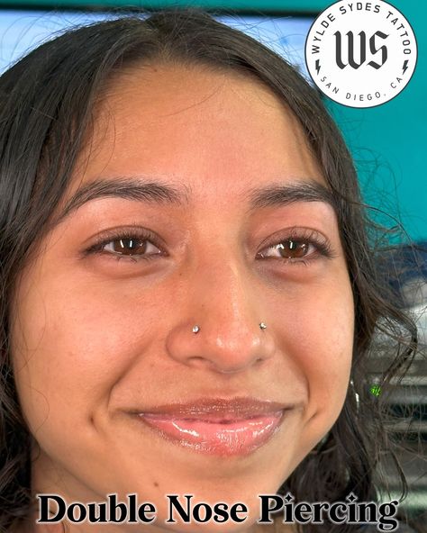 Double Nose Piercing We can do both nostrils in the same session! All piercings include hypoallergenic implant grade titanium starter jewelry, upgrade options also available! For pricing check out our website at www.wyldesydestattoo.com or call 619-575-6792 #nosepiercing #wyldesydestattoo #piercingshop #bodypiercing #sandiego Double Nose Bridge Piercing, Double Nose Piercing High Nostril, Double Nose Piercing Left Side, Same Side Double Nose Piercing, Both Nostrils Pierced, Uneven Double Nose Piercing, Double Nose Piercing, Piercing Shop, Nose Piercing