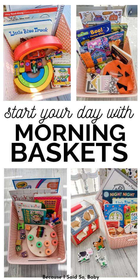 morning baskets for preschoolers 3 Year Homeschool, Daily Themes For Classroom, Screen Free Morning Basket, One Year Old Morning Basket, Screen Free Morning Routine, Montessori Morning Routine, Three Year Old Preschool Activities, Montessori Morning Basket, Toddler Stations At Home