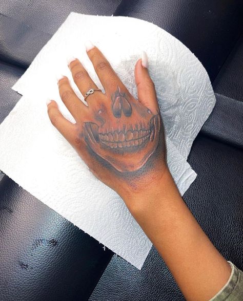 Hand Tattoos On Black Guys, Hand Tattoo Animals, Skull Hand Tattoos For Women, Hand Tattoos For Females, Gangsta Tattoos For Women Hand, Your Throat Here Tattoo, Female Hand Tattoos Black Women, Hand Tattoos For Women Skull, Cute Hand Tattoos Black Women