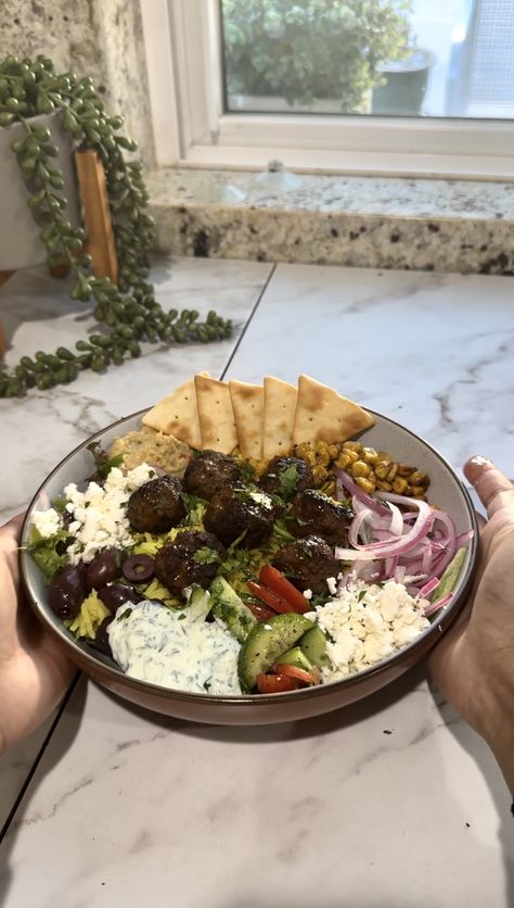 Mediterranean Bowl with Lamb Meatballs and Veggies Mediterranean Rice Bowl, Meatball And Rice, Meatballs And Veggies, Kalamata Olive Hummus, Chicken Spinach Curry, Mediterranean Lamb, Mediterranean Rice, Palak Chicken, Mediterranean Bowl