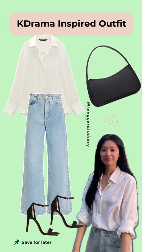 Hong Hae In Kim Ji Won Queen of Tears KDrama Inspired Outfit White Blue OOTD Blue Jeans Korean Outfit, White Button Down And Jeans Outfit, Hae In Outfit, Korean Drama Outfits Style, Hong Hae In Outfit, Hong Haein, Blue Denim Outfits, Blue Ootd, Kdrama Outfits