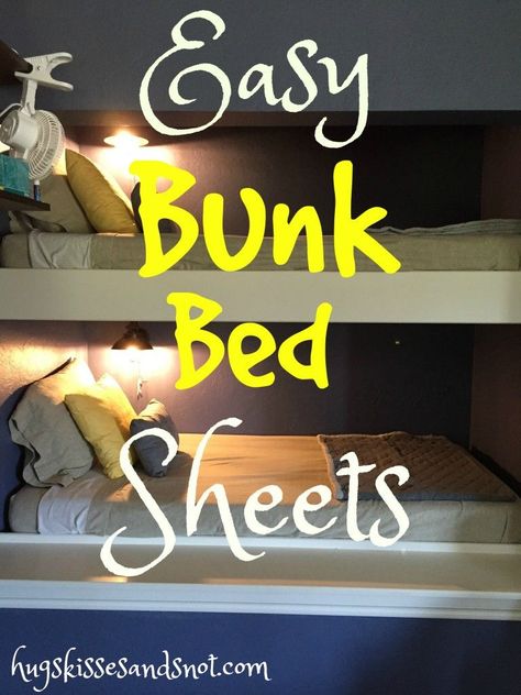 how to make easy bunk bed sheets that will always stay tucked in and making the top bunk not so difficult. Bunk Bedding Ideas, Bunk Bed Bedding Ideas, Bedding For Bunk Beds, Travel Trailer Makeover, Bunk Bed Bedding, Bunk Bed Hacks, Bunk Bed Sheets, Camper Bunk Beds, Rv Bunk Beds