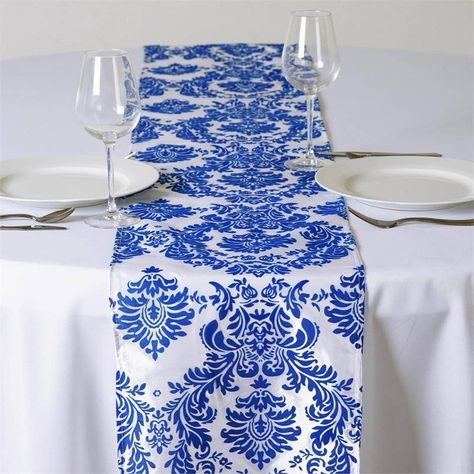 Royal Blue Flocking Table Runner Cairo Apartment, Royal Blue Wedding Decorations, Table Presentation, Blue Wedding Decorations, Wedding Party Table Decorations, Blue Table Runner, Punjabi Salwar, Banquet Decorations, Banquet Table