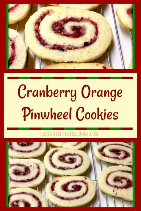 Enjoy these festive looking and delicious cranberry-orange pinwheel cookies, filled with swirled cranberry, orange and pecans. / The Grateful Girl Cooks! Pinwheel Cookies Christmas, Pinwheel Cookies Recipe, Sandwich Cookies Filling, Pecan Filling, Cranberry Orange Cookies, Pinwheel Sandwiches, Themed Recipes, Cranberry Jam, Pinwheel Cookies