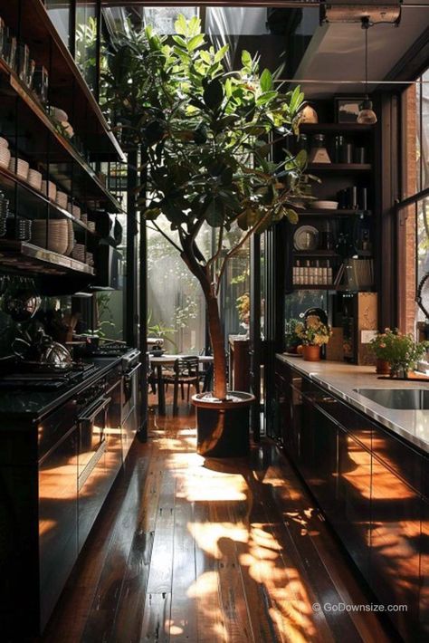 This narrow dark wood kitchen makes up for its spatial restriction by using its vertical space to its strengths. Dwell Kitchen Design, Vertical Kitchen, Vertical House, Thai Kitchen, Zen Design Interior, Zen Interiors, Japan Home, Bakery Decor, Dark Wood Kitchens