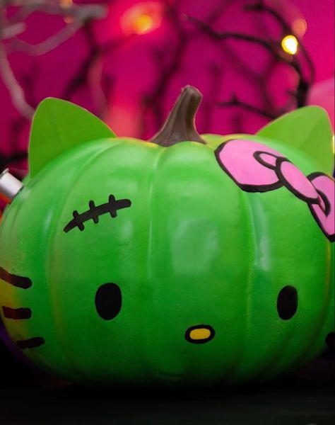 Hello Kitty Punkin Painting, Hellokitty Pumpkin Ideas, Cute Ideas To Paint A Pumpkin, Devil Pumpkin Painting, Zombie Hello Kitty Pumpkin, Pumkin Paintings Idea Cute Hello Kitty, Mimi Pumpkin Painting, Painted Hello Kitty Pumpkin, Ideas To Paint Your Pumpkin