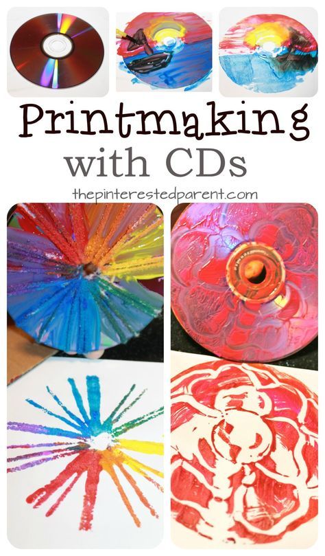 Printmaking with CDs - techniques using paint , yarn, Q-tips and paint. Arts and craft ideas for preschoolers and kids. Math Art Preschool, Preschool Printmaking, Final Art Project Ideas, Kids Printmaking, Art Cd, Classe D'art, Printmaking Projects, Arts And Crafts For Teens, Cd Crafts