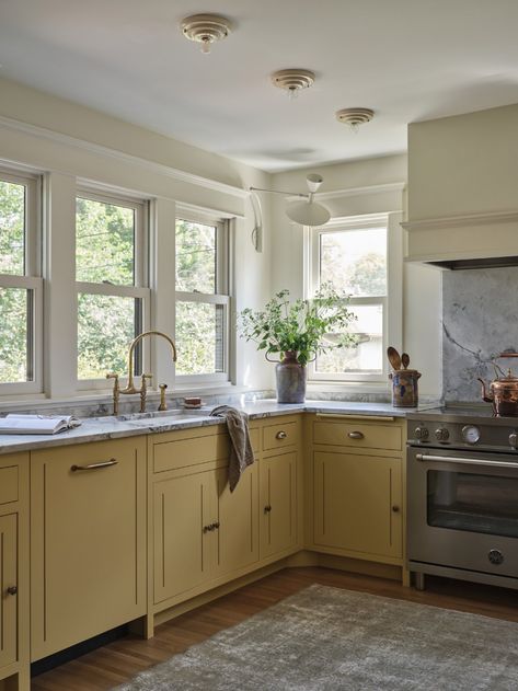 Sunshine Kitchen — Yond Interiors Yond Interiors, Yellow Cabinets, Manhattan Apartment, Traditional Wall Art, Yellow Kitchen, Residential Interior Design, Counter Tops, Residential Interior, Architectural Digest