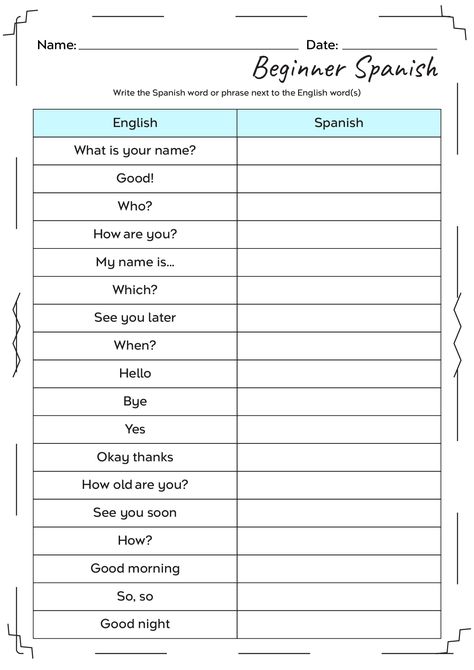 Spanish Learning Sheets, Spanish To English Worksheets Free Printable, 3rd Grade Spanish Worksheets, Beginner English Lessons For Adults, Spanish Homework Worksheets, Spanish Time Worksheet, Learning Spanish Worksheets, Spanish Learning Worksheets, Spanish Test For Beginners