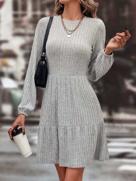 Grey Casual Collar Long Sleeve Fabric Plain A Line Embellished Medium Stretch  Women Dresses Ruffle Hem Dress, Black Long Sleeve Dress, Hem Dress, Sewing Inspiration, Women Dresses, Gray Dress, Ruffle Hem, Dress P, Diy Clothes