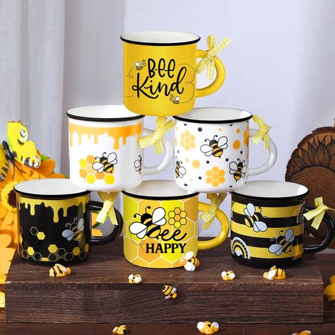 PRICES MAY VARY. Variety of Bee Designs: the set of 6 mini bee mugs come with stylish and charming designs, ideal for adding a delightful sense to your holiday decor; The designs include bees, honey and more, delightful words that will bring joy to your morning coffee or tea; The mini mugs also come with ribbons in yellow color, adding a sense of delicacy to your home decorations Safe and Reliable: these mini coffee cups are made of quality ceramic material, ensuring durability and safety for ev Sunflower Kitchen Decor Ideas, Bee Centerpieces, Bee Kitchen Theme, Bee Mugs, Bee Home Decor, Bee Kitchen, Mini Mugs, Mini Coffee Cups, Sunflower Kitchen Decor