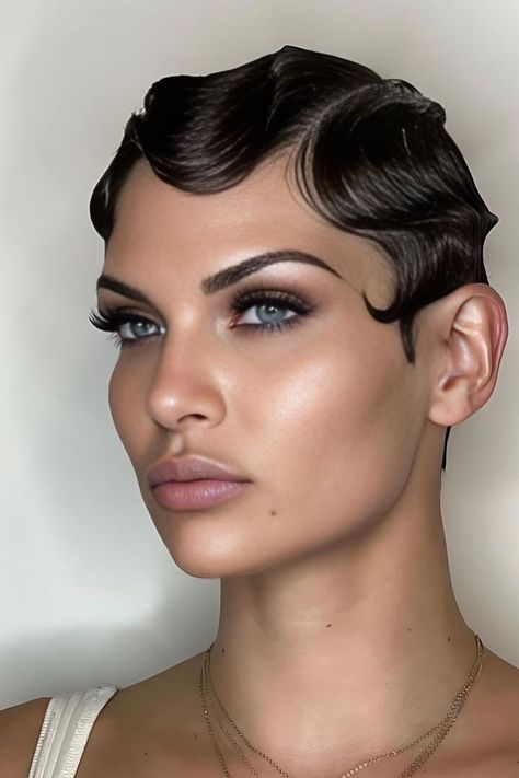 Ultra Sleek Finger Waves 1920s Hairstyle Fingerwaves And Pincurls, Finger Waves Middle Part, 20s Pixie Hair, 1920 Waves Hairstyles, Gel Waves Hairstyle, Short Curly Hair Wedding Styles Brides, Finger Waves Short Hair Vintage Curls, Long Hair Finger Waves, 20s Finger Waves