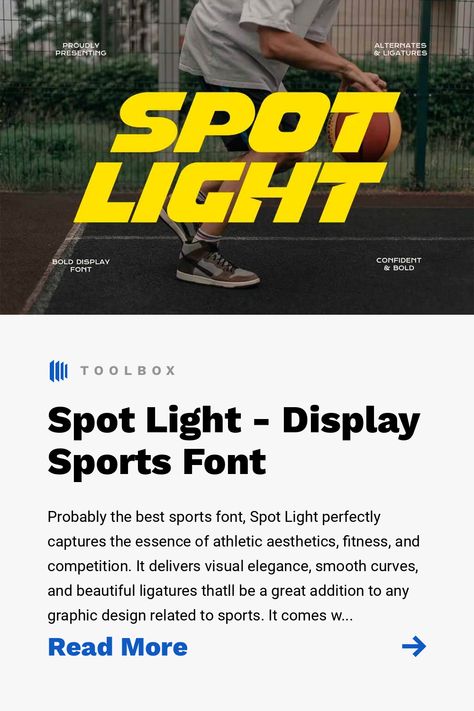 Probably the best sports font, Spot Light perfectly captures the essence of athletic aesthetics, fitness, and competition. It delivers visual elegance, smooth curves, and beautiful ligatures thatll be a great addition to any graphic design related to sports. It comes with multilingual uppercase and lowercase characters, punctuation, and numbers. Use this sporty font to streamline a team spirit in logo design, apparel, editorials, and more. Sports Agency Branding, Sport Fonts Free, Sport Font Design, Sports Editorial Design, Sports Event Logo, Sports Logo Design Ideas Creative, Fitness Brand Design, Sport Branding Design, Logo Sport Design Ideas