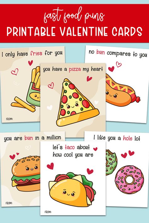 Celebrate the holiday with these fun fast food pun Valentine’s cards printables to give to your friends this year! 6 cute and adorable cards with fun puns like “lets taco about how cool you are” or “you have a pizza my heart”. Taco Puns, Fun Puns, A Pizza My Heart, Valentines Puns, Cards For Students, Pizza My Heart, Best Fast Food, Chocolate Covered Marshmallows, Food Chains