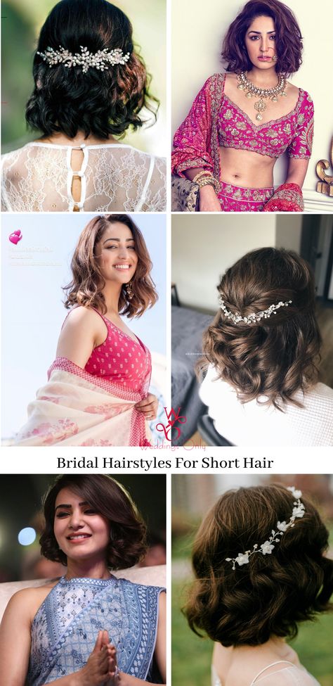 Unique bridal hairstyle ideas for short hair that are trending this wedding season in 2020. Short hair hairstyle for bridesmaid and Indian brides. #shorthairhairstyle #bridalhairstyleideas #bridalinspiration #indianwedding #indianbride #bridaloutfit #hairstyle #weddinghairstyle #weddingideas #uniquebridalhairinspiration #bridalhairandmakeup #hairstyleideas#bridesmaidshairstyleideas #bridalhair #bridalbun #hairstylesforlonghair #braids #curls #haircuts #trendyhaircuts #shorthairhaircuts Small Hair Hairstyles Wedding, Gown Hairstyle For Short Hair, Bride Hairstyles For Short Hair Curls, Hairdo For Short Hair Wedding Indian, Party Hairstyles For Short Hair Indian, Short Hairstyles On Indian Wear, Hairstyle For Gowns Indian, Indian Bride Short Hairstyle, Short Hair In Indian Outfit