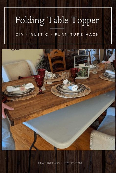 Easy DIY tutorial to upcycle an ordinary old folding table in to a charming rustic wood folding table topper. Perfect for extra seating in the dining room table or for a large celebration like a wedding, thanksgiving or kids birthday party. Rustic reusable diy folding table makeover adds elegance and comfort in the place of a boring folding table and disposable plastic table cloth. #diyfoldingtable #diy #rusticdecor #farmhousedecor #partytime #partydecor #parties #thanksgiving #familytable Wood Table Cover Diy, Wooden Table Cover, Wood Table Topper, How To Add Extra Seating To Dining Table, Wood Table Cloth, Wood Cover For Folding Table, Temporary Dining Table Ideas, Folding Table Wood Cover, Foldable Dining Table Diy