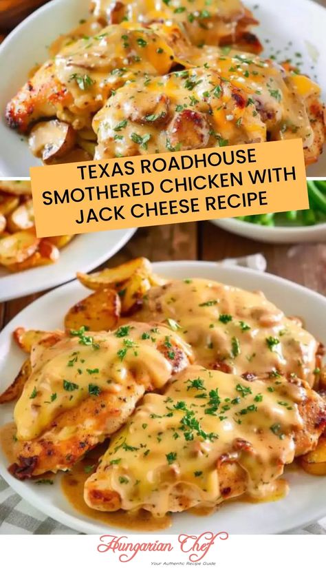 Texas roadhouse smothered chicken with jack cheese recipe – Hungarian Chef Good Southern Meals, Main Dishes For Dinner Chicken, Good Fall Dinner Ideas, Texas Roadhouse Bbq Chicken, Week Supper Ideas, Southern Chicken Dinner Recipes, Low Carb Smothered Chicken, Texas Menu Ideas, Flavored Chicken Recipes