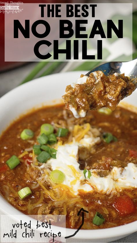 Best Mild Chili Recipe, Best No Bean Chili, Mild Chili Recipe, Beanless Chili Recipe, Chili Without Beans, Chili Bean, Low Carb Chili Recipe, Meat Chili, Bean Chili Recipe