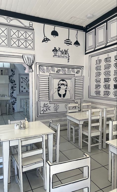 2d Black And White Cafe, Black White Cafe Interior, Black And White Cafe Interior, 2d Cafe Design, 2d Decoration, Black And White Coffee Shop, Black And White Bakery, Black And White Cafe, Sketch Room