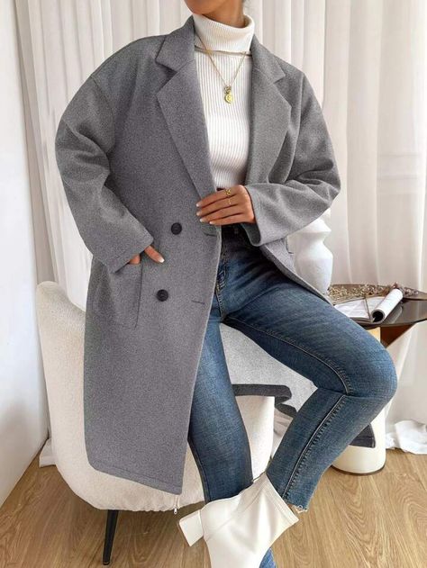 SHEIN EZwear Lapel Neck Drop Shoulder Double Breasted Dual Pocket Overcoat | SHEIN UK Grey Coat Women Outfit, Grey Coats Outfit, Gray Overcoat Outfit Women, Outfits With Grey Coat, Outfit Manteau Gris, Short Grey Coat Outfit, Grey Overcoat Outfit Women, Coat Grey Outfit, Grey Coat Outfits For Women