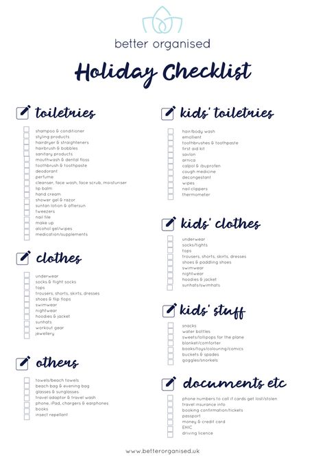 A Better Organised Holiday Checklist!  #printable #organise #organising #organised #organize #organizing #organized #holiday #familyholiday #familytime #summerholiday #vacation #kids #children #professionalorganiser #apdouk #glasgow Holiday Essentials List, Baby Belle, Holiday Hacks, Kids Travel Activities, Kids Checklist, Vacation Fits, Baby Parenting, Holiday Checklist, Cough Medicine