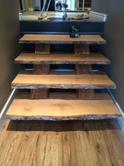 Live Edge Wood Stairs, Live Edge Staircase, Live Edge Stair Treads, Live Edge Stairs, Paint Stairs Diy, Log Stairs, Stairs Outdoor, Pallet Stairs, Wood Stair Treads