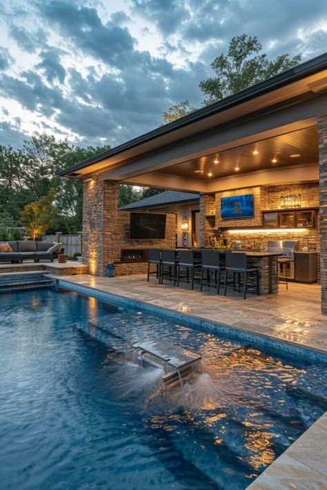 Poolside Luxurious Outdoor Kitchens Poolside Kitchen And Bar, Bbq Yard Ideas, Rustic Outdoor Kitchens, Luxury Outdoor Kitchen, Elegant Outdoor Furniture, Lush Landscaping, Outdoor Kitchen Decor, Modern Outdoor Kitchen, Outdoor Kitchen Ideas