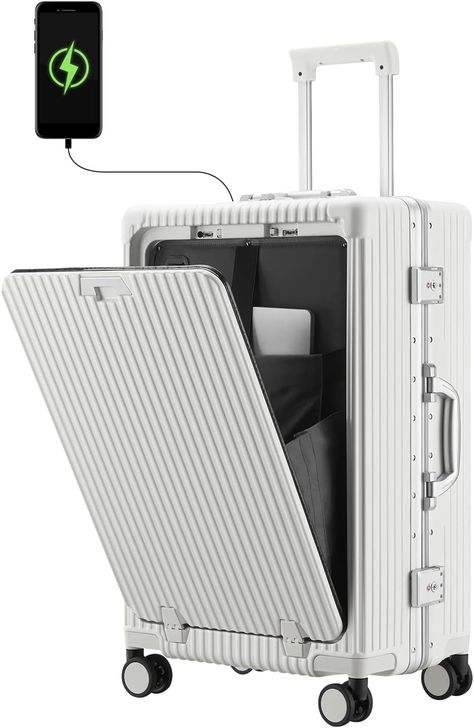 Multifunctional Suitcase: The luggage also features a built-in USB port and Type C port and an internal power bank compartment for easy charging on the go (Power bank not included).Hidden folding cup holder on the back of the suitcase, aluminum alloy handle design mobile phone holder, and hook on the side of the suitcase, allowing you to easily enjoy every trip. Checked Luggage, Tsa Approved, Carry On Suitcase, Suitcase Traveling, Carry On Luggage, Aluminum Frame, Pharmacy Gifts, Phone Holder, Travel Essentials