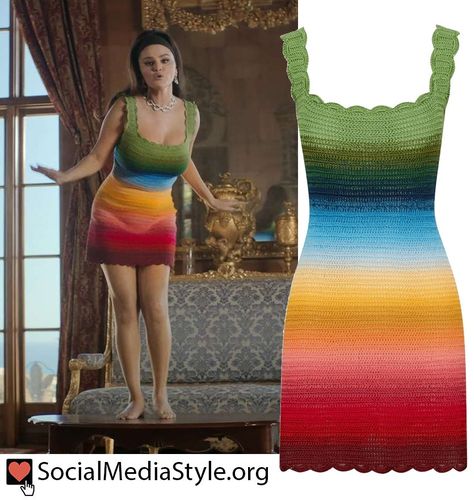 Selena Gomez's rainbow crochet dress from the "Love On" music video Celebrity Crochet, Crochet Prom Dresses, Woven Garments, Selena Gomez Dress, Selena Dresses, Cosmo Girl, Crochet Knit Dress, Crochet Bedspread Pattern, Fashion Corner