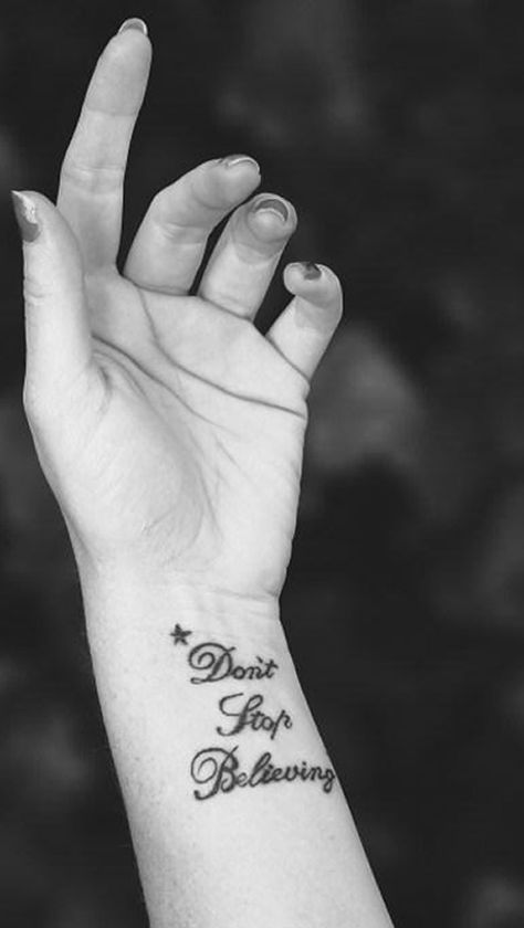 my "Don't Stop Believing" tattoo :D Don’t Stop Believing Tattoo, Dont Stop Believing Tattoo, Glee Tattoo Ideas, Glee Tattoo, Hope Tattoos, Finger Quotes, Journey Tattoo, Hope Tattoo, Song Tattoos