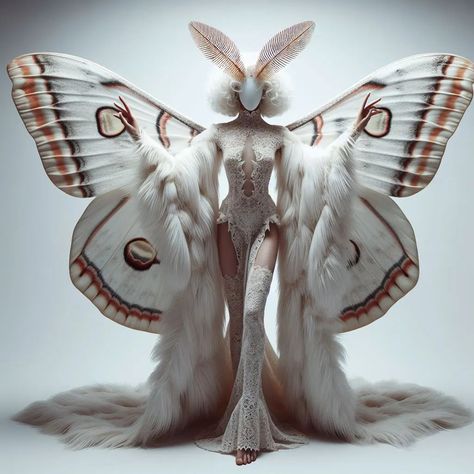 Mothwoman 🦋 #ai #aiartofinstagram #artificialintelligence #aiart #aiartcommunity #aiconceptart #aifashionphotography #aifashiondesign #aesthetic #moth #digitalekunst #digitalfashion #digitalphotoart #dalle3 #stablediffusion #fashion #conceptart #newmediaart Conceptual Fashion Design, White Moth Costume, Moth Photoshoot, Alien Clothes Concept, Wings Covering Eyes, Moth Inspired Outfit, Moth Oc Art, Moth Halloween Costume, Moth Fashion