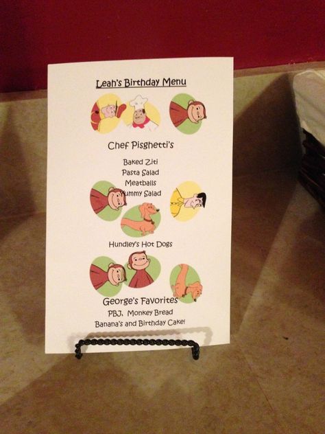 Curious George food. Menu for party. Curious George Party Games, Curious George Party Food, Curious George Food Ideas, Curious George 2nd Birthday, Jt Birthday, Curious George Birthday Party Ideas, First Birthday Party Food, George Birthday Party, Party Food Menu