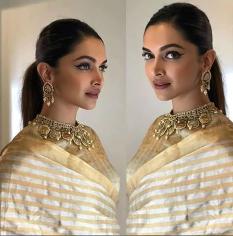 deepika padukone ponytail with saree Hairstyles For Saree, Deepika Padukone Saree, Deepika Padukone Hair, Sleek Braid, Saree Hairstyles, Sleek Ponytail Hairstyles, Deepika Padukone Style, Hair Puff, Easy Hairdos