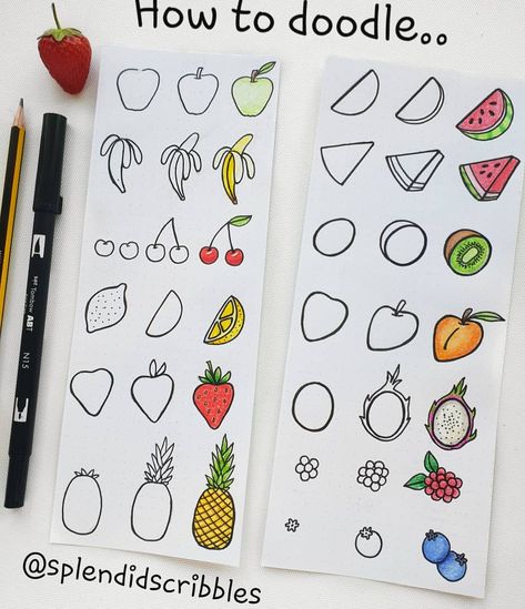 How to doodle 'fruit' 🍉🥝🍌 . Make sure you follow @splendidscribbles for more 'how to doodle' posts. . . . #fauxcalligraphy #handlettering… Trin For Trin Tegning, How To Doodle, Doodle Journal, Kunstjournal Inspiration, Journal Tutorials, Doodle Art For Beginners, 그림 낙서, Doodle Art Journals, Kraf Diy