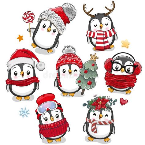 Cute cartoon Christmas Penguins on a white background. Set of Cute cartoon Christmas Penguins on a white background royalty free illustration Nailart Winter, Pinguin Illustration, Cute Cartoon Christmas, Maluchy Montessori, Christmas Penguins, Penguin Cartoon, Penguin Drawing, Illustration Noel, Cartoon Christmas