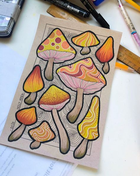 Mushroom Marker Art, Mushroom Ink Drawing, Marker Drawing Ideas, Mushroom Drawings, Markers Drawing Ideas, Painting Stuff, Instagram Edit, Mushroom Drawing, Leaf Drawing