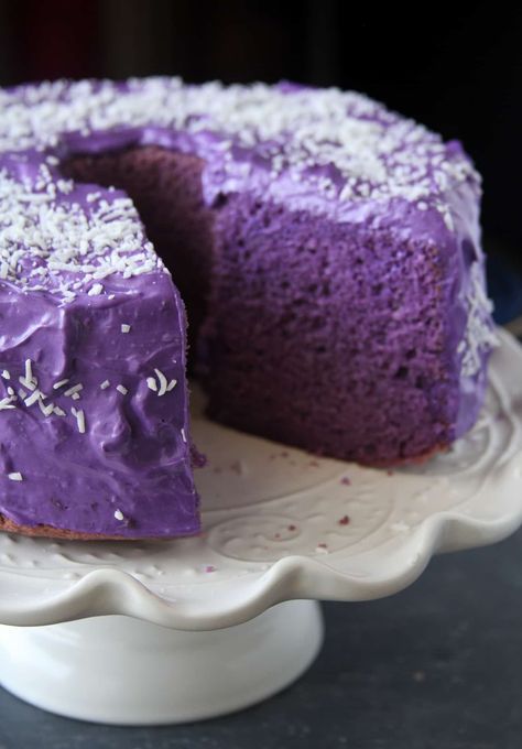 Ube Chiffon Cake with Whipped Cream Icing - Ube Chiffon Cake Recipe, Ube Chiffon Cake, Filipino Pastries, Ube Cupcakes, Cream For Cake, Ube Recipe, Ube Desserts, Ube Dessert Recipe, Ube Dessert