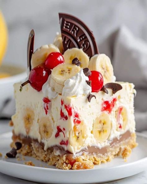 Paula Deen 󱢏 | 🍌🍒🍫 Heavenly No-Bake Banana Split Cheesecake | Facebook Pudding Salads, Recipes Tower, Banana Split Cheesecake, Optimal Recipes, Jello Salads, Banana Split Dessert, Dairy Free Cream, Southern Desserts, Bake Cake