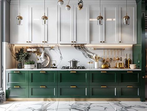 20+ Luxurious Two Tone Kitchen Cabinets Ideas for Art Deco Inspired Spaces • 333+ Art Images White Art Deco Kitchen, Art Deco Kitchens, Art Deco Kitchen Modern, Art Deco Accent Wall, Art Deco Interior Kitchen, Art Deco Kitchen Cabinets, Art Deco Style Kitchen, Art Deco Kitchen Ideas, Kitchen Art Deco