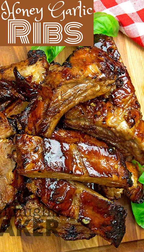 Beef Rib Meal Ideas, Rib Glaze Recipes, Garlic Ribs Recipe, Sticky Ribs Recipe, Garlic Ribs, Ribs Recipe Oven, Honey Ribs, Honey Garlic Ribs, Honey And Garlic